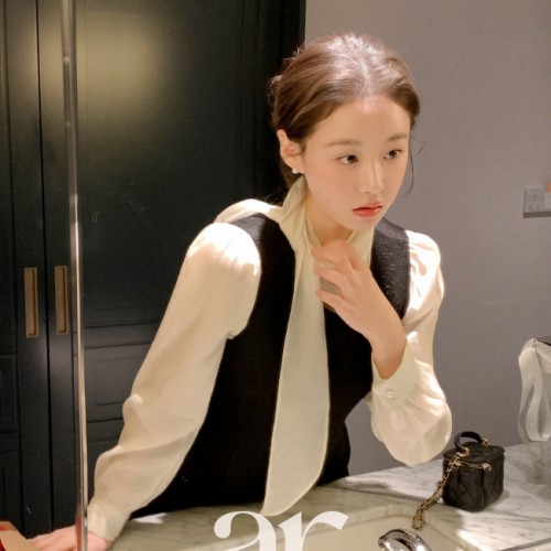 펄 타이 리본 반하이넥 블라우스 bs8544