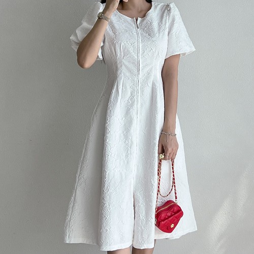 나비올라 여름 앞지퍼 럭셔리 화이트 흰색 바스락 하객룩 플레어 원피스