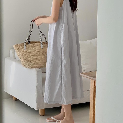 루미 뒷리본 나일론 롱 원피스 (4color) 바스락 휴양지 바캉스 나시 민소매 맥시