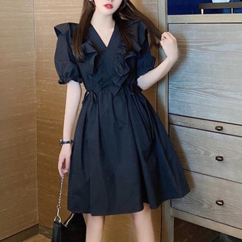 블랙 반팔 여름원피스 V넥 리본 프릴 바스락 바캉스 미니 원피스