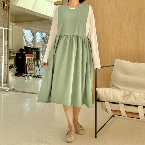 빅사이즈 자체제작 A라인 에이프런 셔링 원피스 뷔스티에 베스트 레이어드 린넨 쉬폰 체크