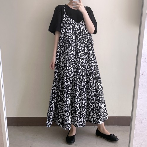 호피원피스 끈나시원피스 77사이즈 레이어드원피스