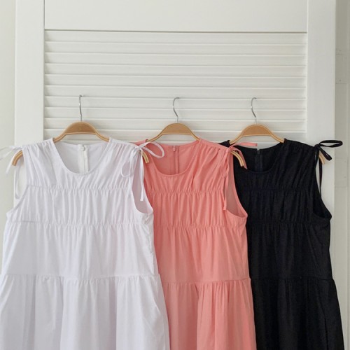 루즈핏 셔링 어깨끈 스트링 나시 롱 원피스 여성 여름 원피스 면 핑크 휴양지 바캉스룩