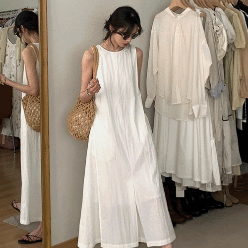 마들렌 라운드넥 나시 민소매 바스락 플레어 롱 원피스 / 하객룩,레이어드원피스,휴양지원피스,롱원피스,나시원피스