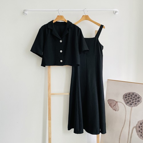 여름 하객 결혼식 원피스 여성 나시 슬리브리스 원피스 크롭 반팔 자켓 투피스 세트