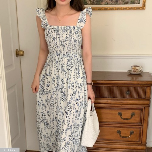 스코어 플라워 스모크밴딩 나시 롱원피스 1col 여름 봄 프릴 레이어드 스퀘어 제이플로우