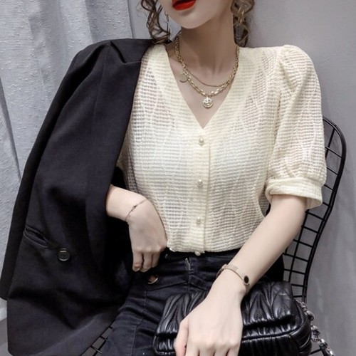 시크 모던 섹시 오피스 마름모 웨이브 망사 펀칭 시스루 브이넥 여름 반팔 셔츠 블라우스