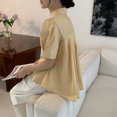 타미 퍼프 뒷주름 플리츠 셔츠 셔링 반팔 카라넥 언발 플리츠 퍼프 블라우스(4color)