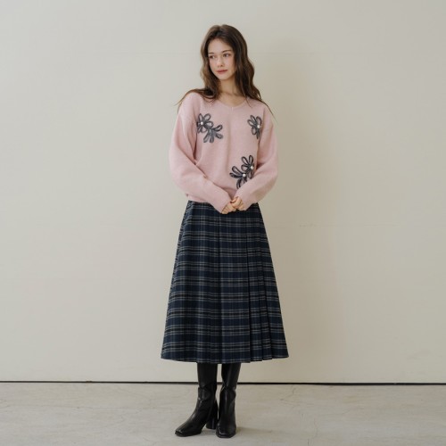 모직 체크 밴드 플리츠 롱스커트 (NAVY, 3 SIZE)