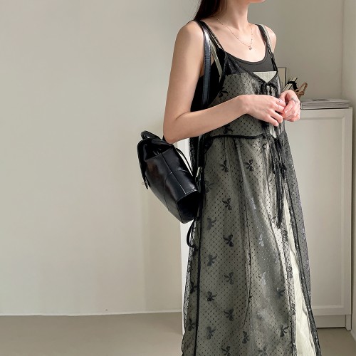 리본 레이스 레이어드 시스루 원피스 끈 나시 a라인원피스