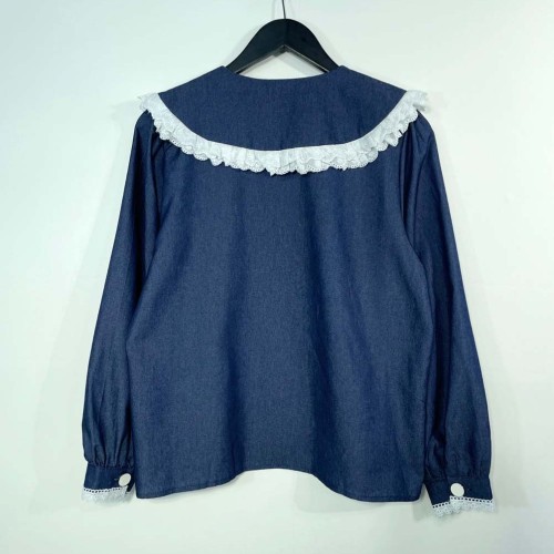 여자여자몰 레이스테이프 펀칭프릴 세라카라 청블라우스 보석단추 데님셔츠 가을