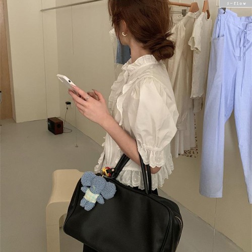 에어린 넥프릴 핀턱주름 퍼프 자수 블라우스 1col 여름 봄 레이스 코튼 크롭 제이플로우