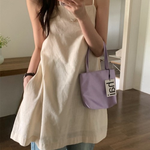아이브 여름 스퀘어넥 어깨 스트랩 린넨 뒷밴딩 a라인 레이어드 나시 뷔스티에 미니 원피스