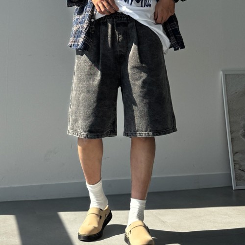 남자 넥그 여름 밴딩 버뮤다 원턱 와이드 청반바지