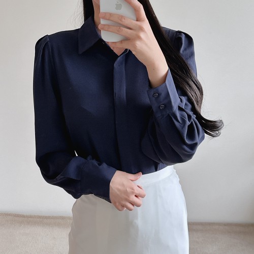 여성 블라우스 셔츠 어깨 퍼프 카라 무지 화이트 하객 빅사이즈