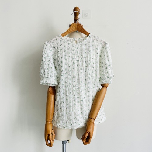 여름 반팔블라우스 플라워 지지미 셔링 퍼프소매 하객 여성 블라우스