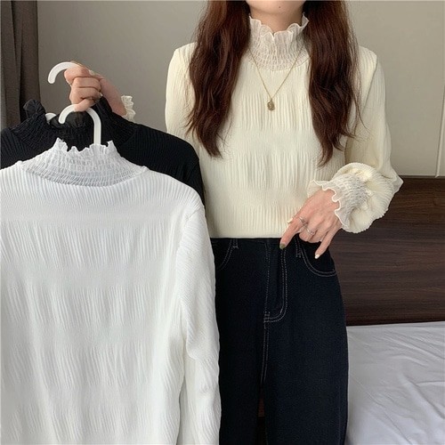기모안감 레이스하이넥 블라우스 세로주름 쉬폰소매 따뜻한 겨울이너 여성 데일리룩