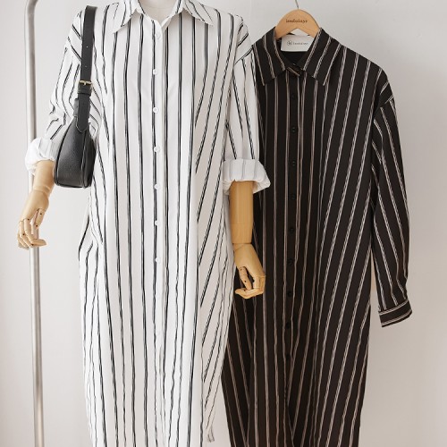 블랑쉬 어텀 카라 셔츠 세로 스트라이프 롱 원피스