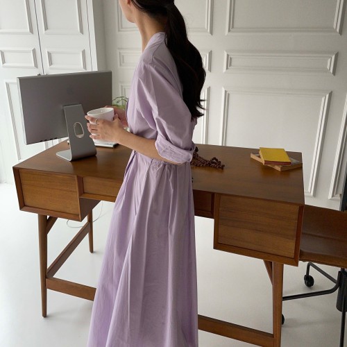 메르시 코튼 밴딩 핀탁 맞주름 버튼 플레어 바스락 루즈핏 봄 셔츠 랩 롱 원피스