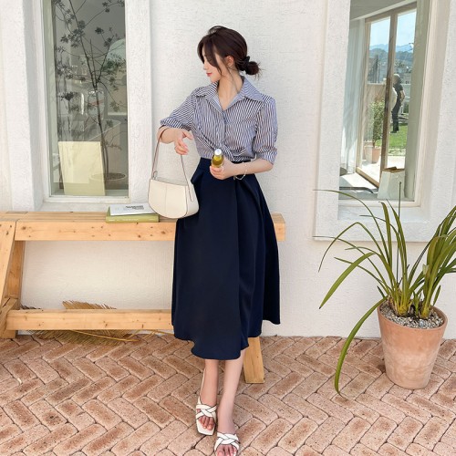 리슨 스트라이프 배색 셔츠 롱 원피스 셔츠 op12330