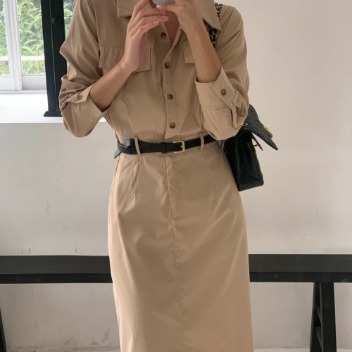 로비아 카라넥 셔츠 단추 버튼 포켓 허리 버클 벨트 H라인 일자 앞트임 롱 원피스