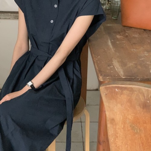 쿠롱 코튼 카라 캡소매 나시 반오픈 셔츠 단추 벨트 리본 끈 오피스룩 롱 원피스