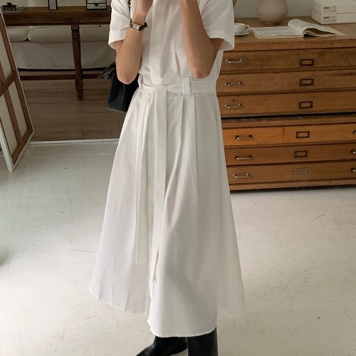 필립 카라넥 벨트 셔츠 롱 원피스 하객룩 핀턱 반팔